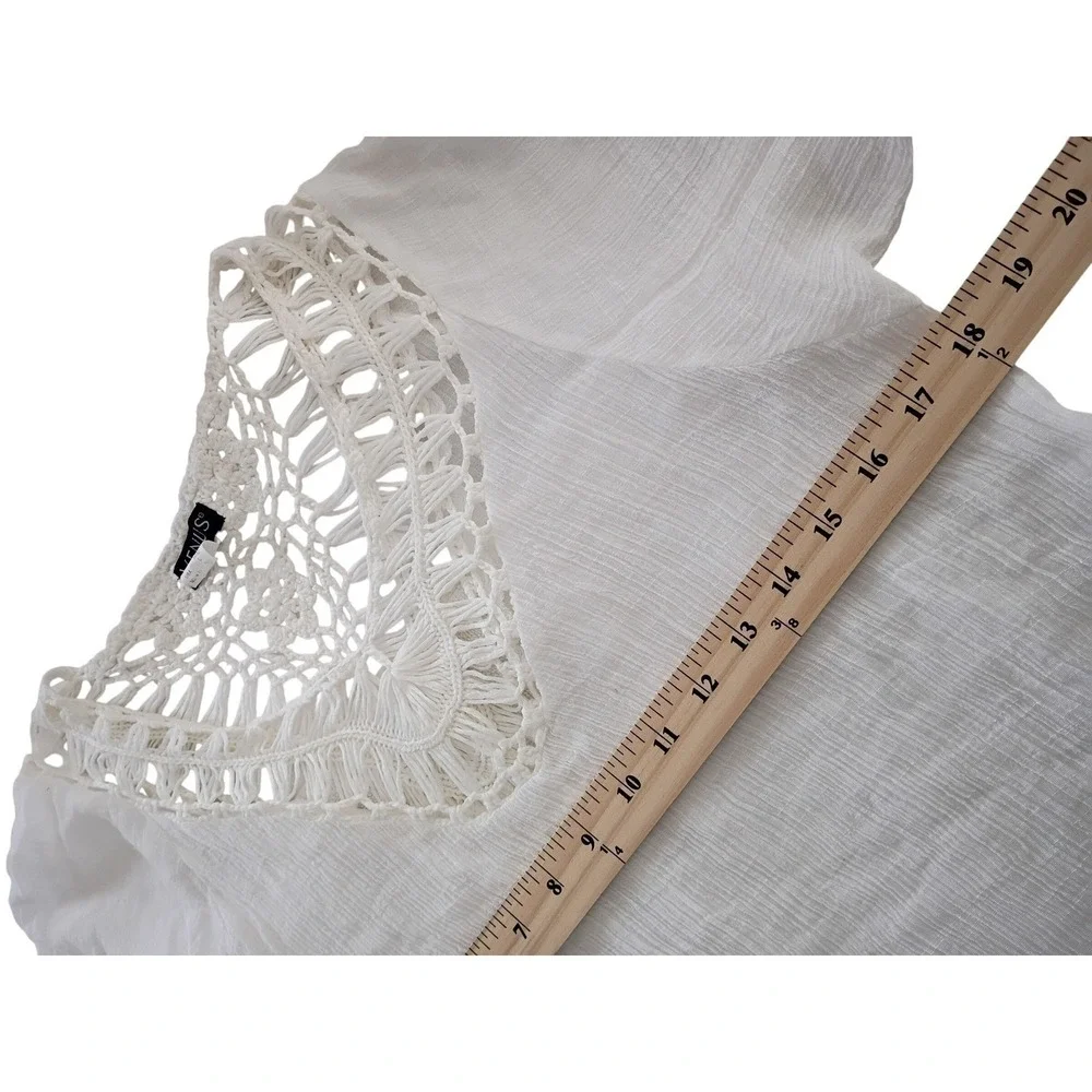 VENUS Made in Italy White Crochet Lace Cotton V Neck Tunic Cover Up Boho L - Picture 7 of 7